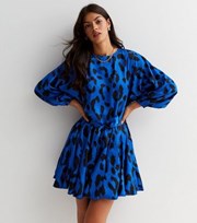 New Look Blue Leopard Print Belted Long Puff Sleeve Mini Dress